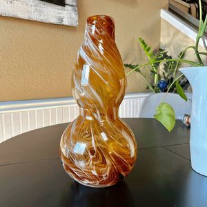 Vintage Huluping Hand Blown Brown and White Swirl Art Glass Bubble Vase